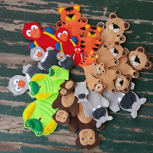 Jungle Animals , Felt Puppets , Jungle Puppet Play Set  - Adult, Kid, AND Finger Puppet Sizes - Sold Individually or as a Set