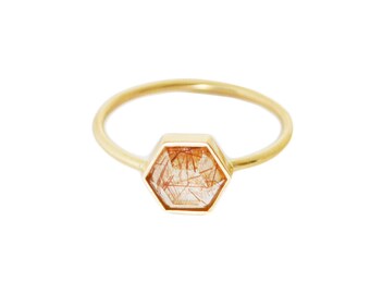 Rutilated Quartz, Gold Hexagon ring
