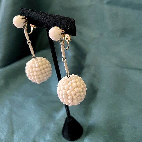Vintage Snowball White Clip-on Dangle Earrings - image 1