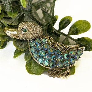 Vintage Coro Rhinestone Duck Brooch Gold Tone Mid-Century