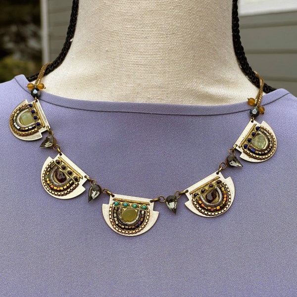 AYALA BAR Vintage Handmade Mosaic Bead Boho Necklace & Clip Earrings Signed Set