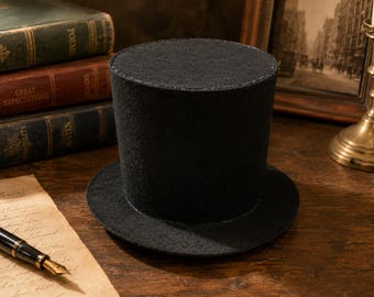 Puede incluir: Un sombrero de copa negro con una corona cilíndrica y un ala circular plana. El sombrero presenta una superficie texturizada similar al fieltro y un diseño estructurado y erguido. Se presenta como un accesorio negro sólido y único.