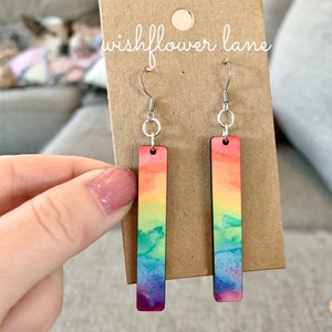 Rainbow Watercolor Bar Dangle Earrings/ 2/ Sublimation/ Hardboard