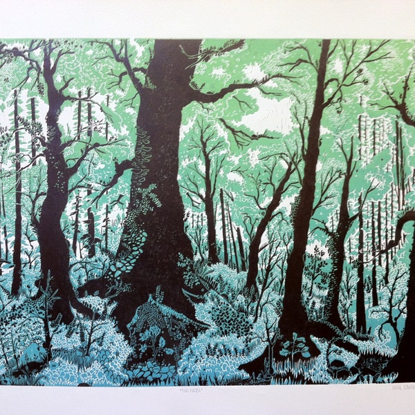 Large Forest Linocut Print Multicolored