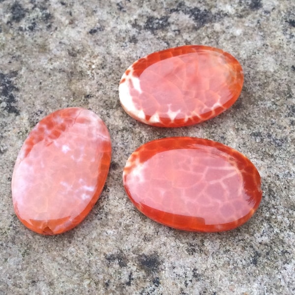 3 large oval orange crab fire agate beads. 25x 35 mm Irish supplier jewellery craft making orange gemstone beads. Large focal beads.