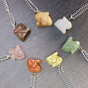 Hand carved gemstone rabbit pendant necklace. Gemstone hare pendants.Healing crystals Irish supplier. Animal rabbit hare