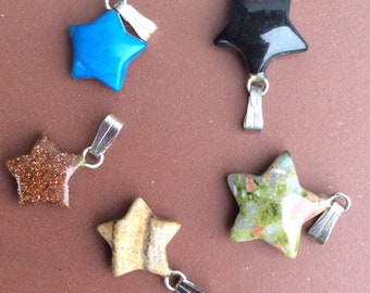 Set of 5 Carved Gemstone Star Pendants, Healing Crystal Charms