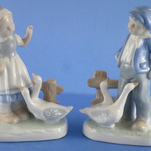 Muted Blue Figurine,  Boy and Girl Knick Knack , Feeding Animals