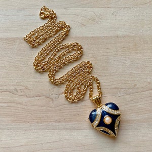 Vintage Joan Rivers Gold Tone Deep Blue Enamel Heart Locket Necklace, Valentine Necklace, Heart Locket Necklace, Joan Rivers Jewelry