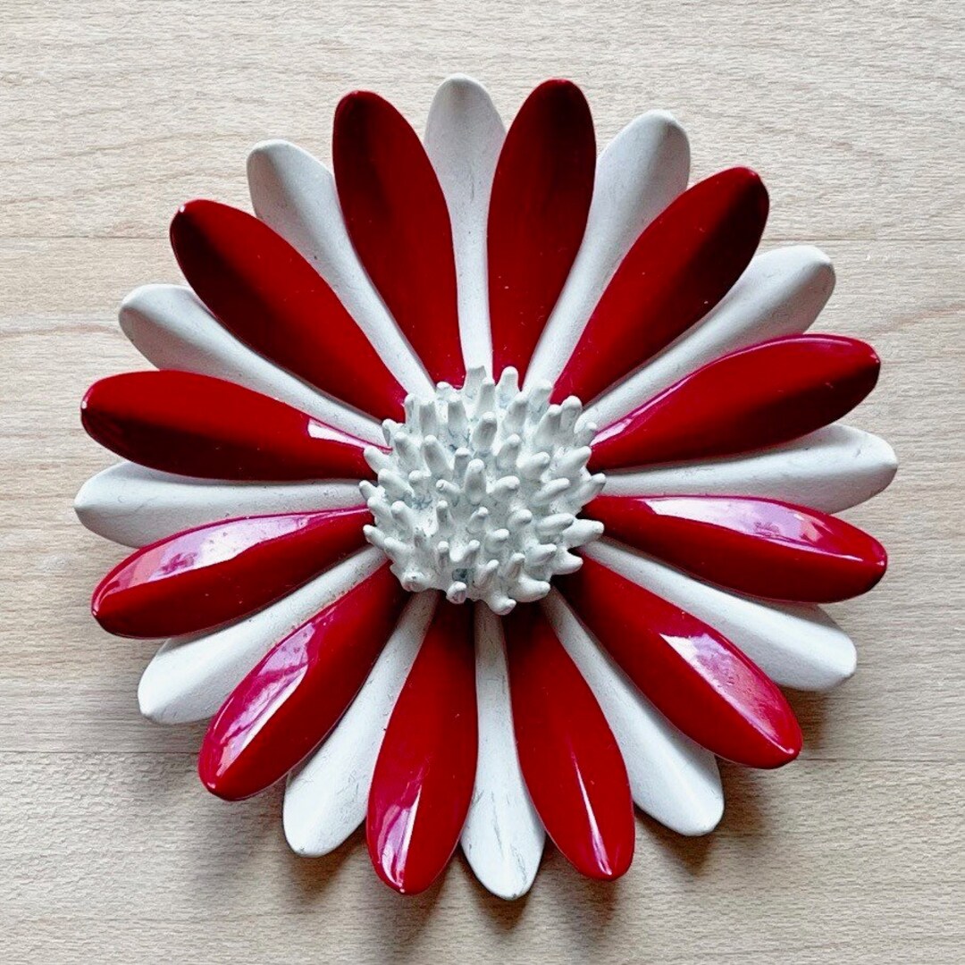 Vintage Red and White Enamel Flower Brooch, Kitschy Flower Brooch