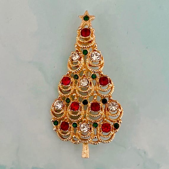 Vintage Gold Tone Rhinestone Christmas Tree Brooch, Christmas Brooch, Vintage Gift Ideas, Vintage Christmas Gift Ideas, Christmas Tree Pin