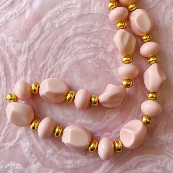 Vintage Pink and Gold Tone Beaded Necklace, Paste… - image 3