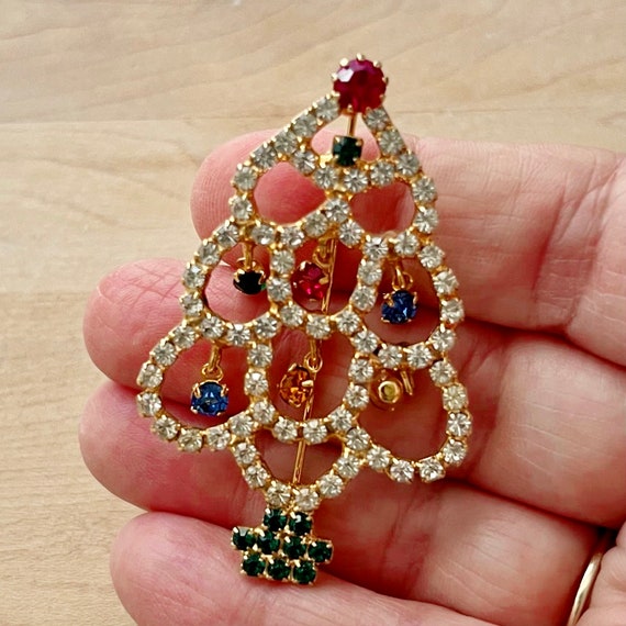 Vintage Rhinestone Christmas Tree Brooch, Christm… - image 4