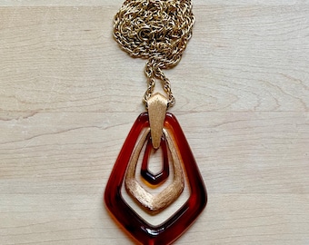 Vintage Avon Gold Tone and Brown Plastic Geometric Drop Pendant Necklace, Vintage Gift Ideas, Avon Jewelry, Kitschy Pendant Necklace
