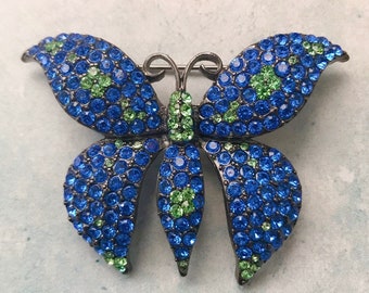 Broche vintage de mariposa con diamantes de imitación azules y verdes, broche vintage de mariposa con diamantes de imitación azules, broche vintage artístico, broche único.