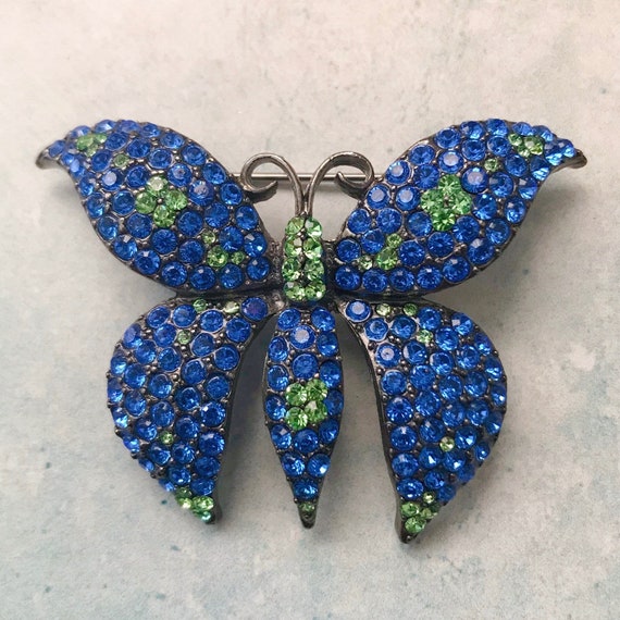 Vintage Blue and Green Rhinestone Butterfly Brooc… - image 1