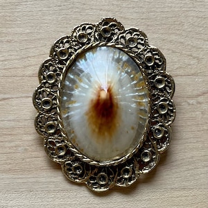 May include: A gold-toned oval brooch with a delicate filigree design. The center of the brooch features a round, iridescent shell with a brown center.