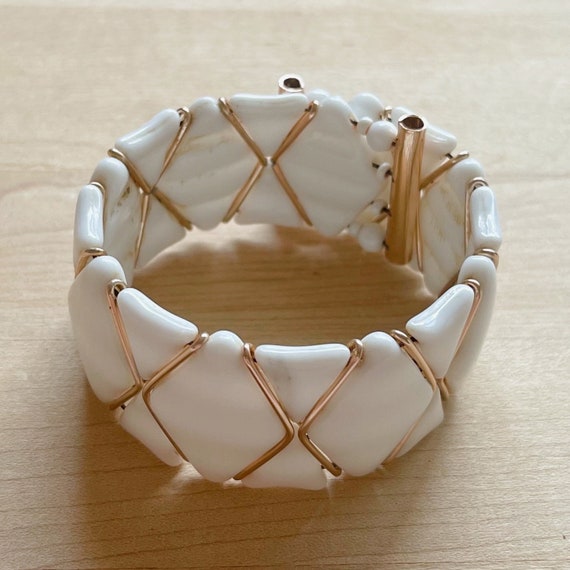 Vintage W Germany White Glass Bead Cuff Bracelet,… - image 6