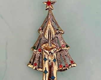 Vintage Rhinestone Christmas Tree Brooch, Christmas Brooch, Vintage Gift Ideas, Vintage Christmas Gift Ideas, Christmas Tree Candle Pin