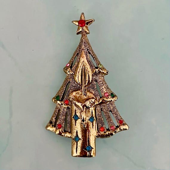 Vintage Rhinestone Christmas Tree Brooch, Christmas Brooch, Vintage Gift Ideas, Vintage Christmas Gift Ideas, Christmas Tree Candle Pin