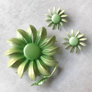 Vintage Minty Green Ombré Enamel Flower Brooch and Clip-On Earring Demi Parure Set, Demi Parure Set, Flower Brooch Earrings Set