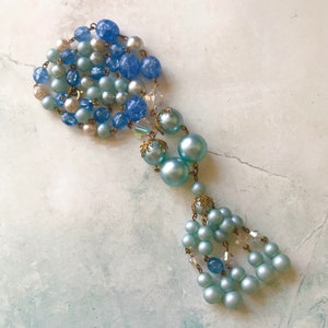 Vintage Antique Gold Tone Multi-Color Blue Bead Tassel Necklace, Flapper-Style Tassel Necklace, Art Deco-Style Necklace, Flapper Jewelry