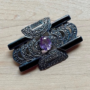 Vintage Art Deco Style Antique 925 Silver Faceted Amethyst Cabochon Marcasite Brooch, Vintage Gift Ideas, Art Deco Brooch, Marcasite Pin