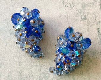 Lovely Vintage Gold Tone Teardrop Clip-On Earrings, Multicolor Blue Bead Clip-On Earrings, Pin Set Kitschy Blue Bead Clip-On Earrings