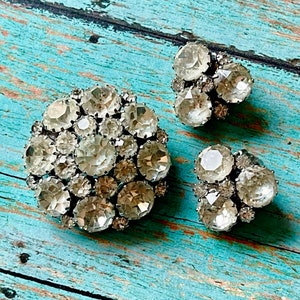 Vintage Weiss Signed Clear Rhinestone Brooch and Clip-On Earring Demi Parure Set, Weiss Demi Parure Set, Weiss Rhinestone Brooch Earring Set