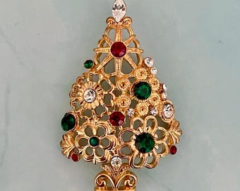 Broche de árbol de Navidad vintage con diamantes de imitación, broche navideño, ideas de regalos vintage, ideas de regalos navideños vintage, broche de árbol de Navidad
