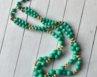 Vintage Aqua Blue Faceted Plastic Bead Double Strand Necklace, Swanky Double Strand Choker Necklace, Aqua Faceted Plastic Bead Necklace