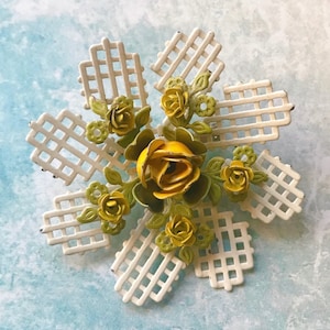Vintage White Enamel Lattice Flower Brooch Pin, White and Yellow Flower Brooch Pin, Artsy Flower Brooch Pin, Unique Flower Brooch Pin