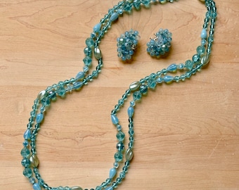 Vintage Blue Glass Bead Long Necklace and Clip-on Earring Demi Parure Set, Vintage Gift Ideas, Romantic Necklace and Earring Demi Parure Set
