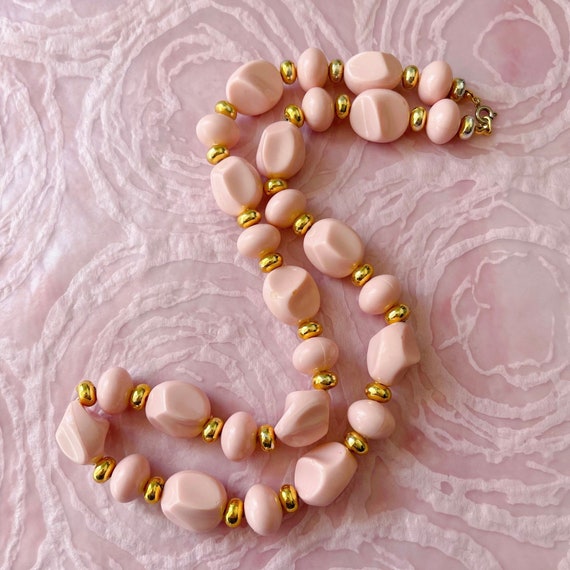 Vintage Pink and Gold Tone Beaded Necklace, Paste… - image 2