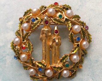 Broche de corona vintage en tono dorado, broche de vela de corona navideña, joyería navideña, ideas de regalos vintage, ideas de regalos navideños para profesores