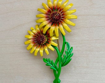 Vintage Hedy Yellow and Brown Double Sunflower Brooch, Hedy Jewelry, Vintage Jewelry Gift Ideas, Unique Double Sunflower Brooch, Flower Pin