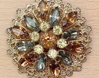 Vintage Emmons Gold Tone Filigree Flower Brooch, Emmons Topaz and Smokey Gray Navette Flower Brooch, Vintage Gift Ideas, Emmons Jewelry