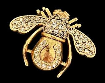 Broche vintage de abeja de la suerte en tono dorado de Joan Rivers, joyas de Joan Rivers, ideas de regalos vintage, broche de abeja de Joan Rivers, broche de herradura