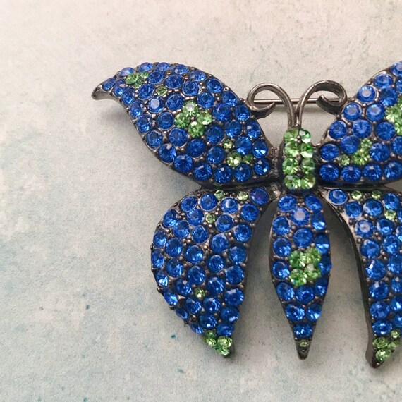 Vintage Blue and Green Rhinestone Butterfly Brooc… - image 2