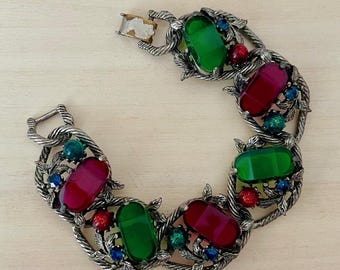 Pulsera de eslabones cabujón facetados en tono plateado antiguo rojo y verde de Selini, pulsera gruesa, ideas para pulseras de regalo, ideas para regalos vintage