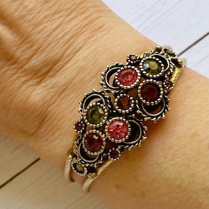 Vintage Sarah Coventry firmato Austrian Lites Gold Tone Rhinestone Clamper Hinge Bracelet, Sarah Coventry Jewelry, Clamper Bracelet