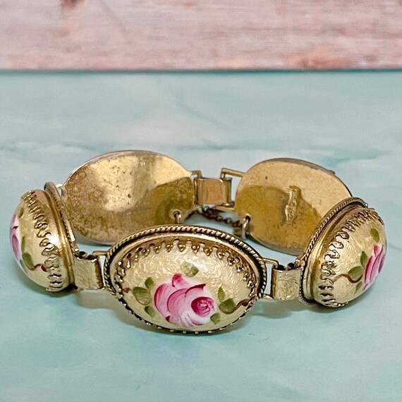 Bracelet Vintage DLH Années 70 - Étain Et Cabochons Rose Nacré - Longueur 19 Cm