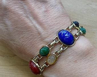 Bracciale vintage con maglie a forma di scarabeo color oro, bracciale a forma di scarabeo, idee regalo per gioielli vintage, gioielli con cabochon modellati a forma di scarabeo, bracciale con figure uniche