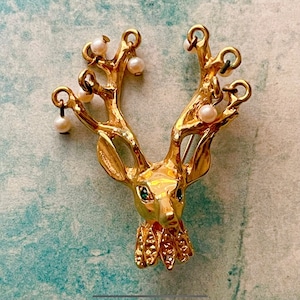 Vintage KJL Signed Reindeer Buck Head Brooch, Christmas Jewelry, Vintage Gift Ideas, Reindeer Buck Antler Rack Pin, Holiday Jewelry Ideas
