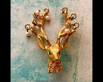 Vintage Reindeer Buck Head Brooch, Christmas Jewelry, Reindeer Brooch, Vintage Gift Ideas, Reindeer Antler Rack Pin, Holiday Jewelry Ideas