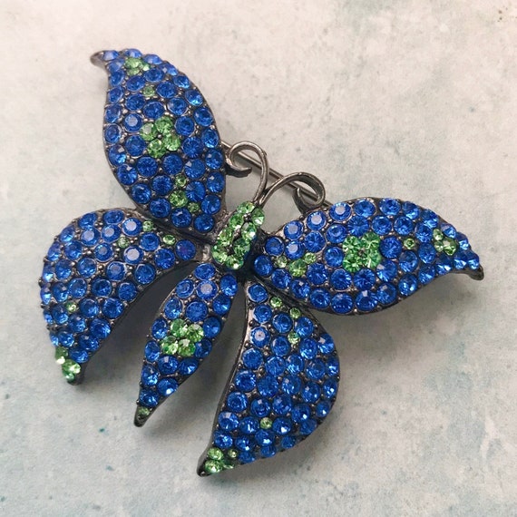 Vintage Blue and Green Rhinestone Butterfly Brooc… - image 4