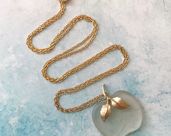 Vintage Avon Signed Gold Tone Frosted Glass Apple Pendant Necklace, Apple Necklace, Kitschy Apple Pendant Necklace, Teacher Gift Ideas