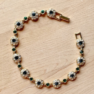 Vintage Joan Rivers Signed Gold Tone Flower Link Bracelet, Blue and Green Rhinestone Bracelet, Joan Rivers Jewelry, Joan Rivers Bracelet