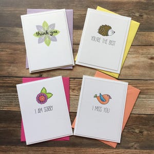 Ensemble lunatique fait main de 4 cartes de voeux vierges, carte de remerciement, carte Tu me manques, tu es la meilleure carte, carte Je suis désolé