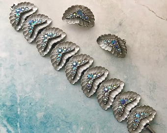 Vintage BSK gerhodineerde armband en clip-on oorbel Demi Parure-set, romantische vintage armband oorbellen set, vintage rhodiumsieraden, AB